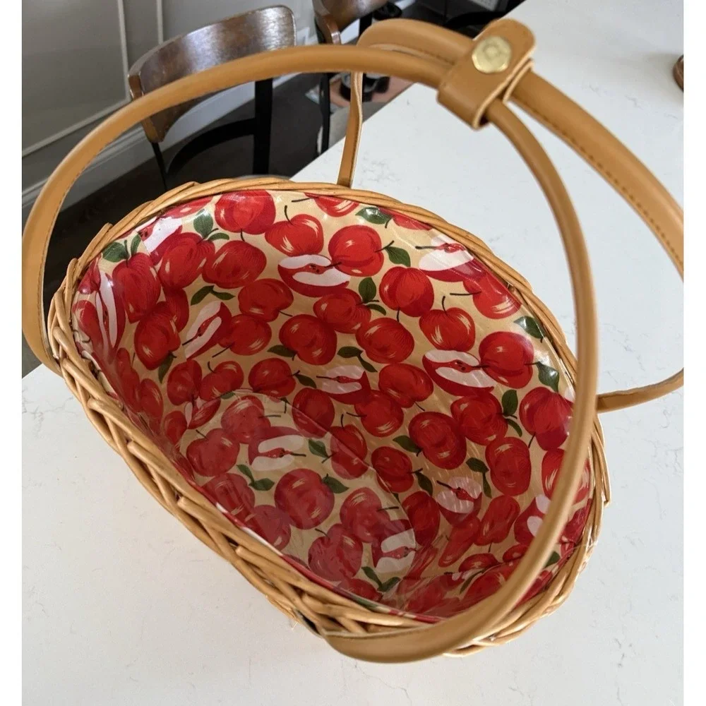 Vintage Woven Cane Oval Basket Apple Vinyl Liner Faux Leather Handles 90's EUC